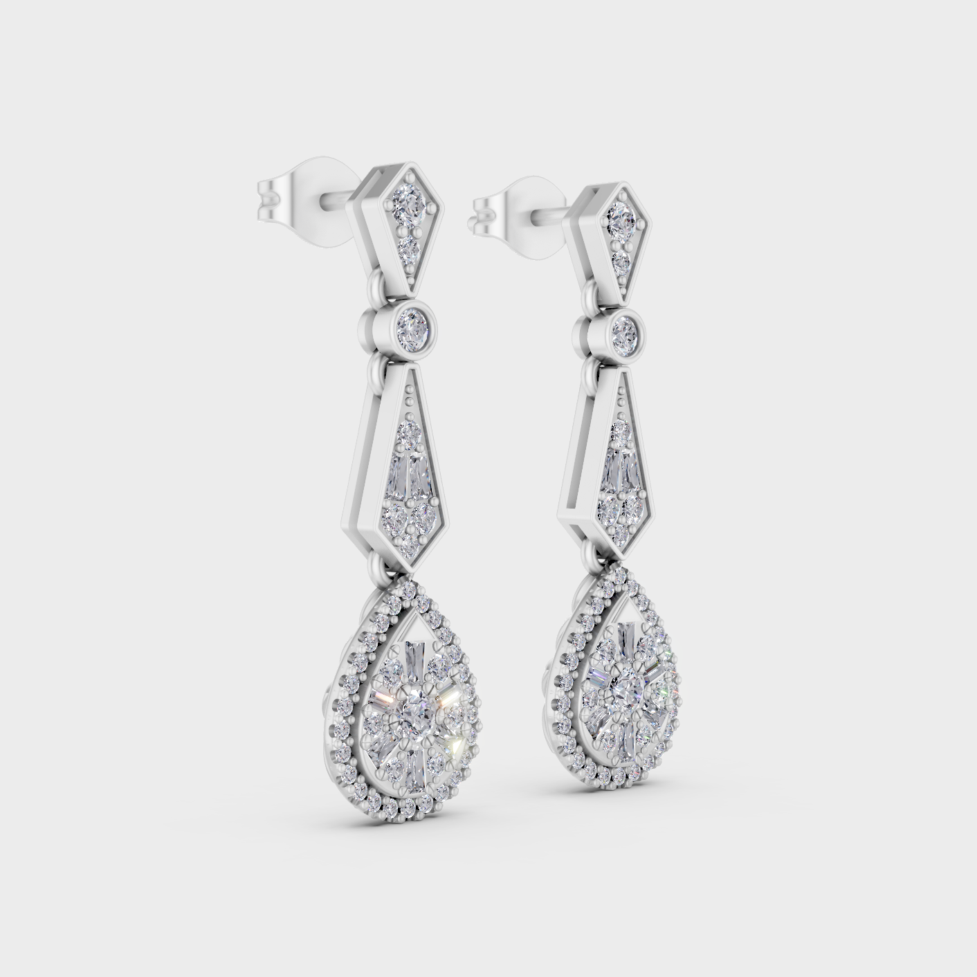Platinum 950 Baguette Round Diamond Drop Earrings 1.30 Ct Lab Grown Luxury Design