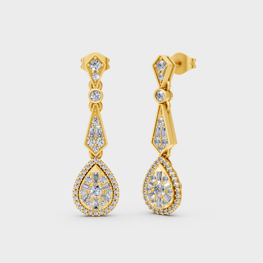 1.30 Ct Total Baguette Round Lab Grown Diamond Drop Earrings In Yellow Gold Luxury Jewelry