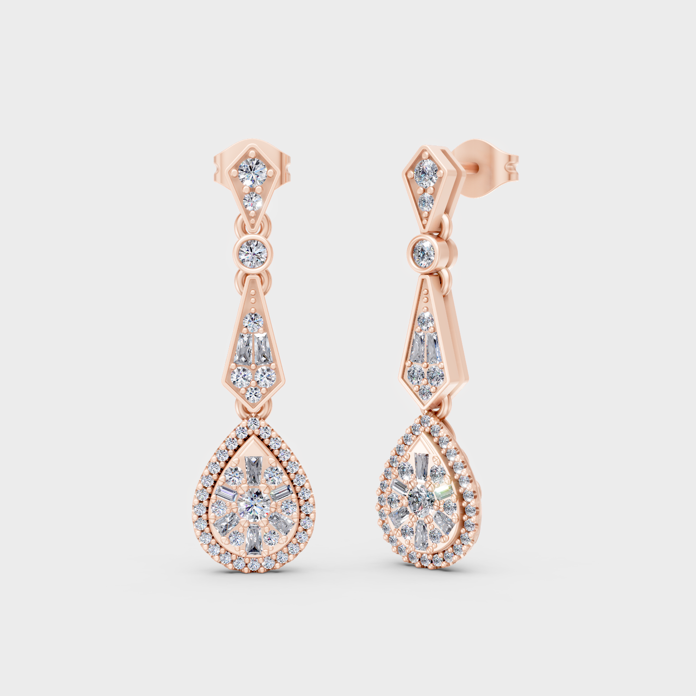 Rose Gold Baguette Round Diamond Drop Earrings 1.30 Ct Ethical Sparkle Jewelry