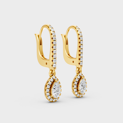 Yellow Gold Round Pear Diamond Drop Earrings 0.83 Ct Lab Created Brilliant Sparkle