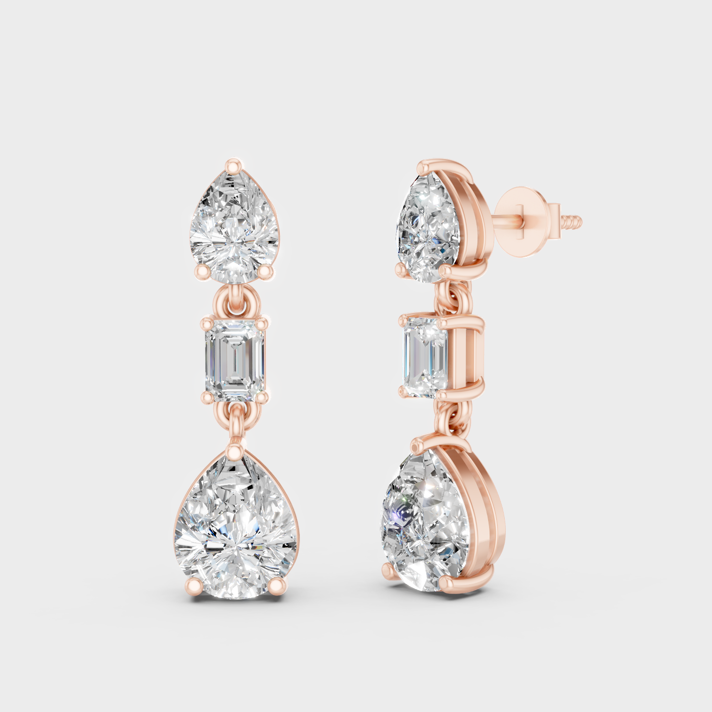 2.80 Ct Each Emerald Pear Diamond Dangler Earrings Lab Grown In Rose Gold Statement Style