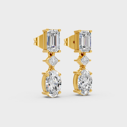Yellow Gold Princess Emerald Oval Diamond Drop Earrings 3.12 Ct Lab Created Brilliant Sparkle