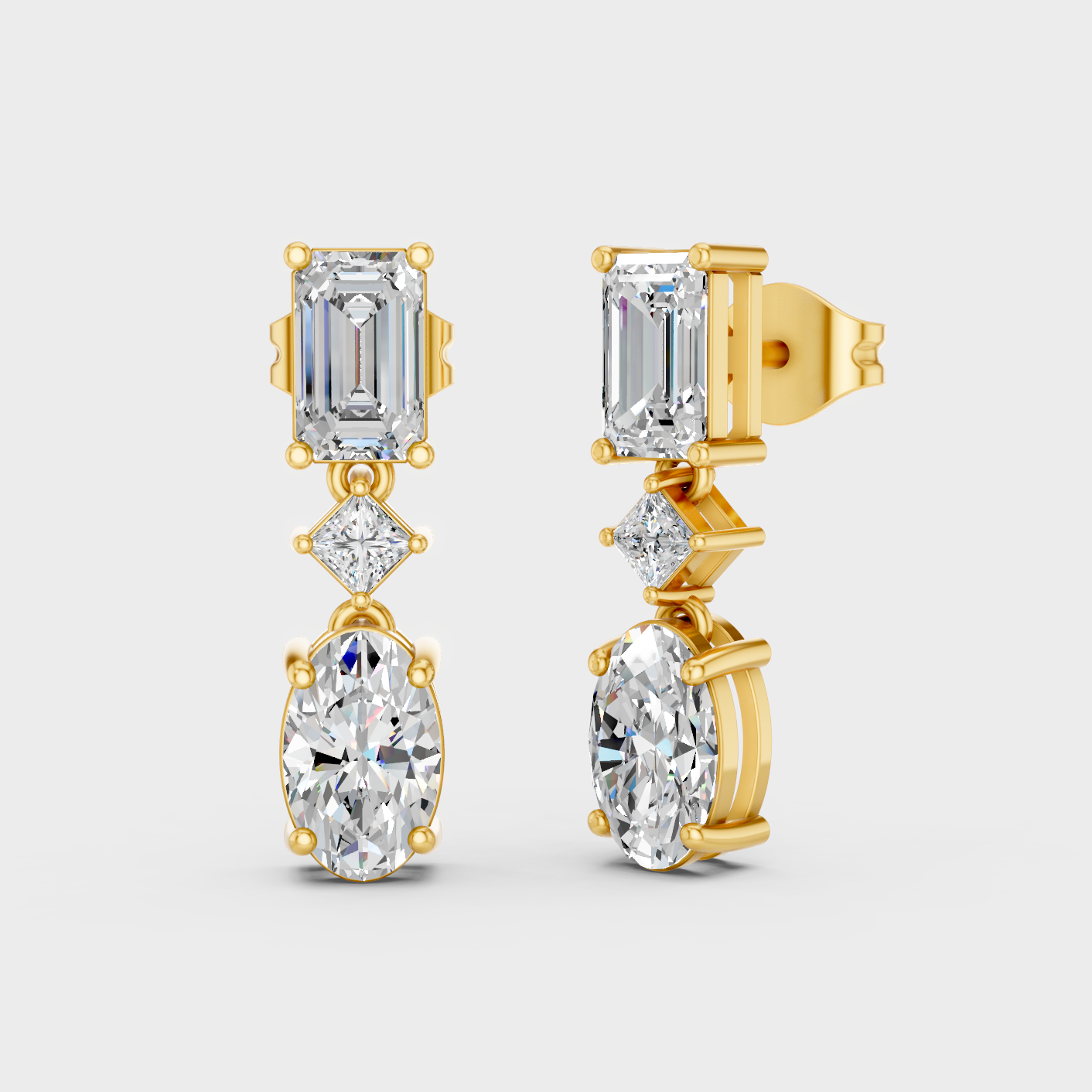 3.12 Ct Total Princess Emerald Oval Lab Grown Diamond Drop Earrings In Yellow Gold Luxury Jewelry