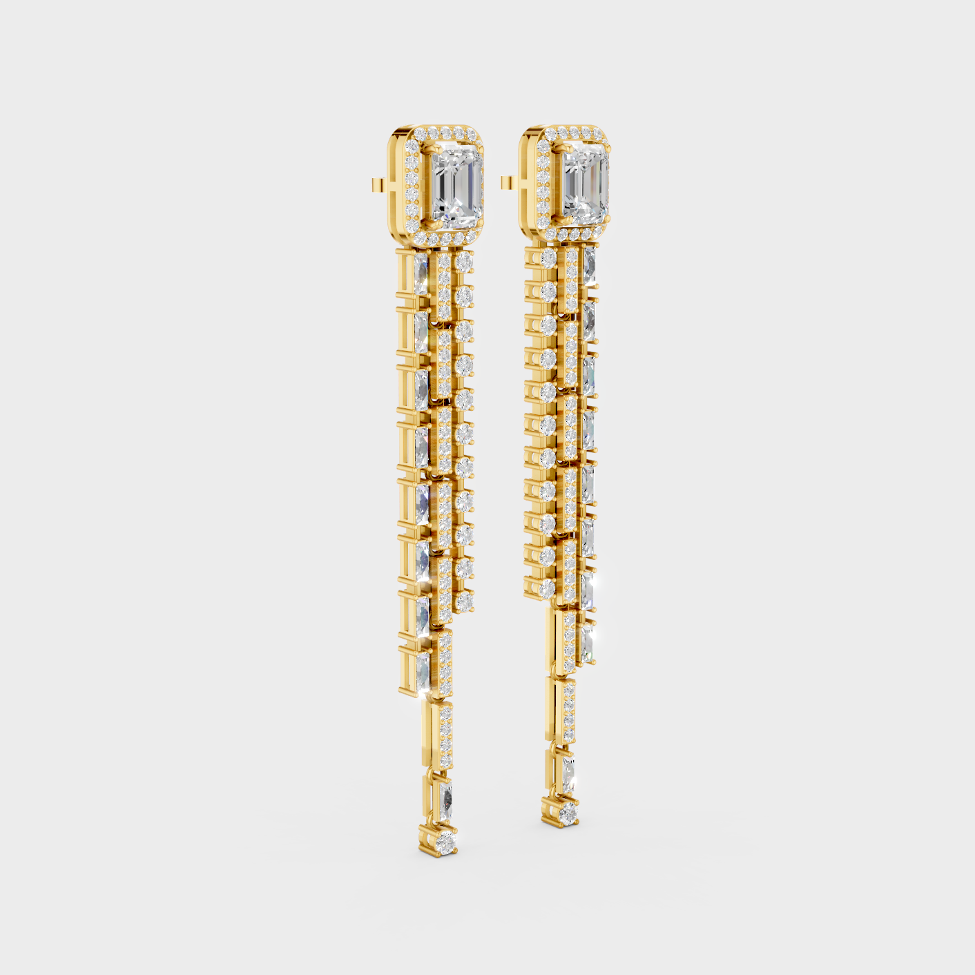 Yellow Gold Round Emerald Baguette Diamond Drop Earrings 4.25 Ct Lab Created Brilliant Sparkle