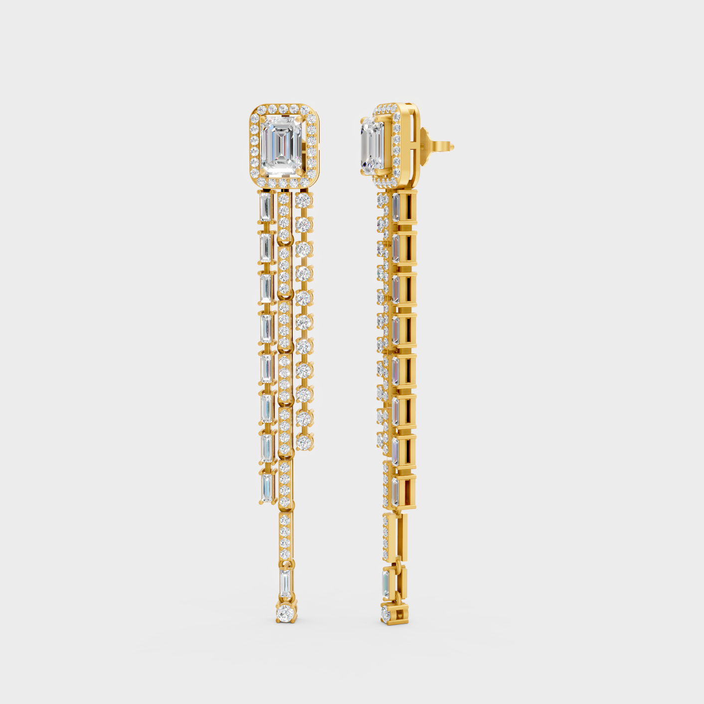 4.25 Ct Total Round Emerald Baguette Lab Grown Diamond Drop Earrings In Yellow Gold Luxury Jewelry