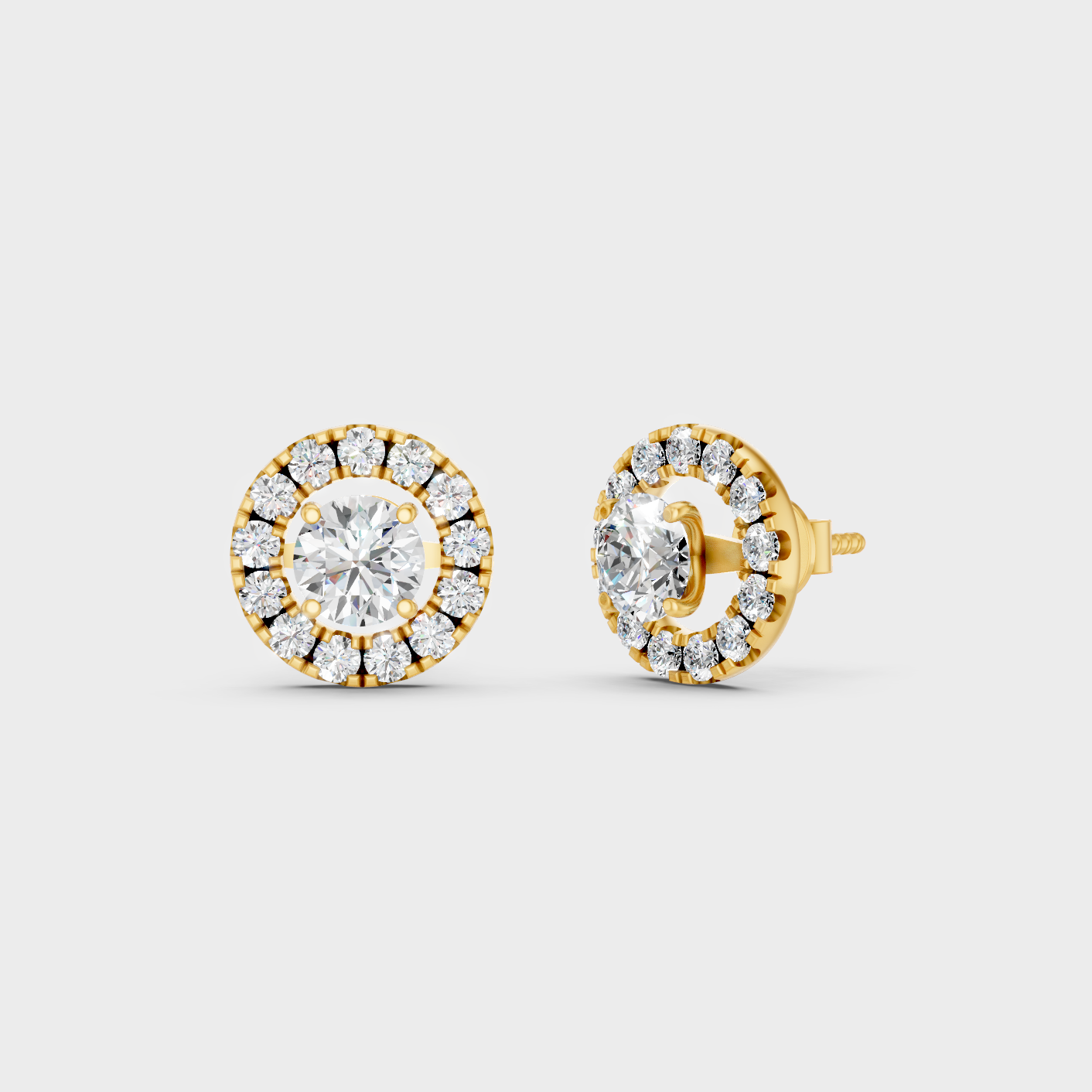 Luxury Round Halo Diamond Earrings In Yellow Gold With Brilliant Sparkle