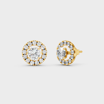 Luxury Round Halo Diamond Earrings In Yellow Gold With Brilliant Sparkle