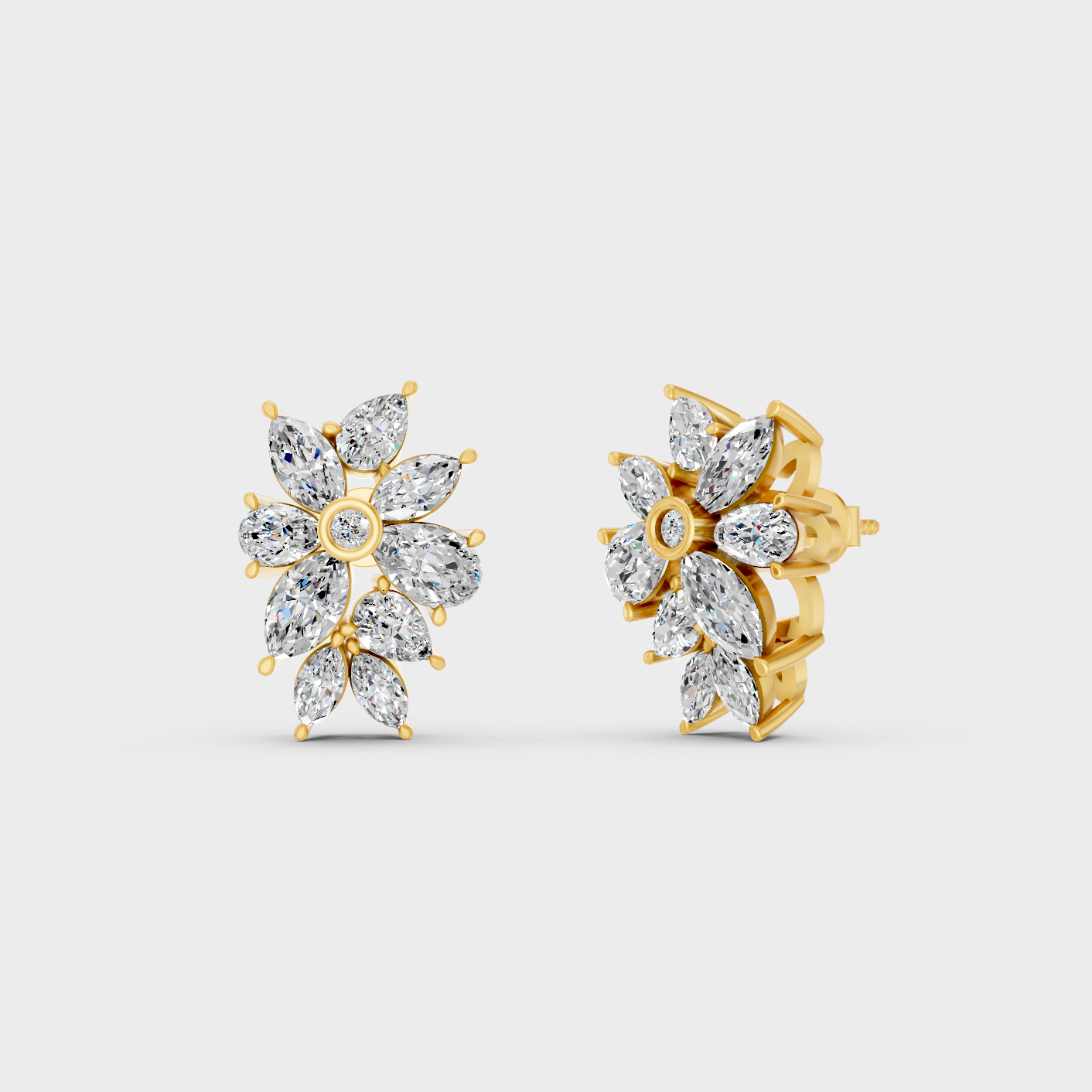 Luxury Multi Shape Diamond Stud Earrings In Yellow Gold Pear Marquise Round Design