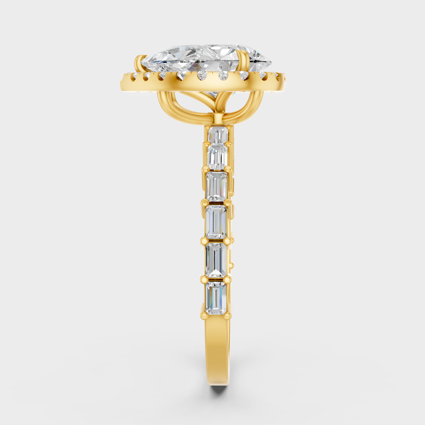 Yellow Gold Pear Baguette Diamond Halo Ring Luxury Gift