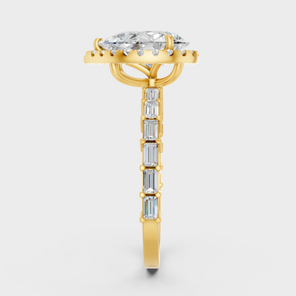 Yellow Gold Pear Baguette Diamond Halo Ring Luxury Gift