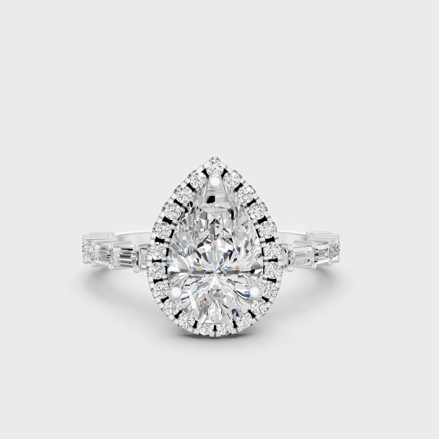 White Gold Pear Baguette Round Diamond Halo Ring IGI Certified Fine Jewelry
