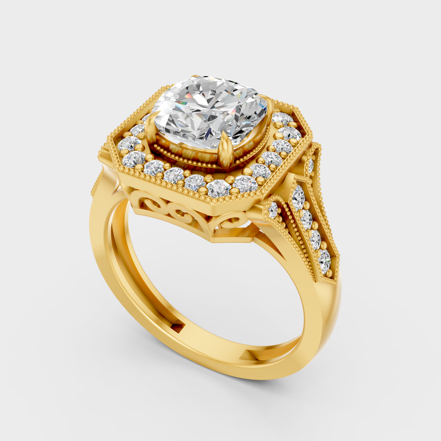 Designer Cushion Halo Diamond Ring In Yellow Gold