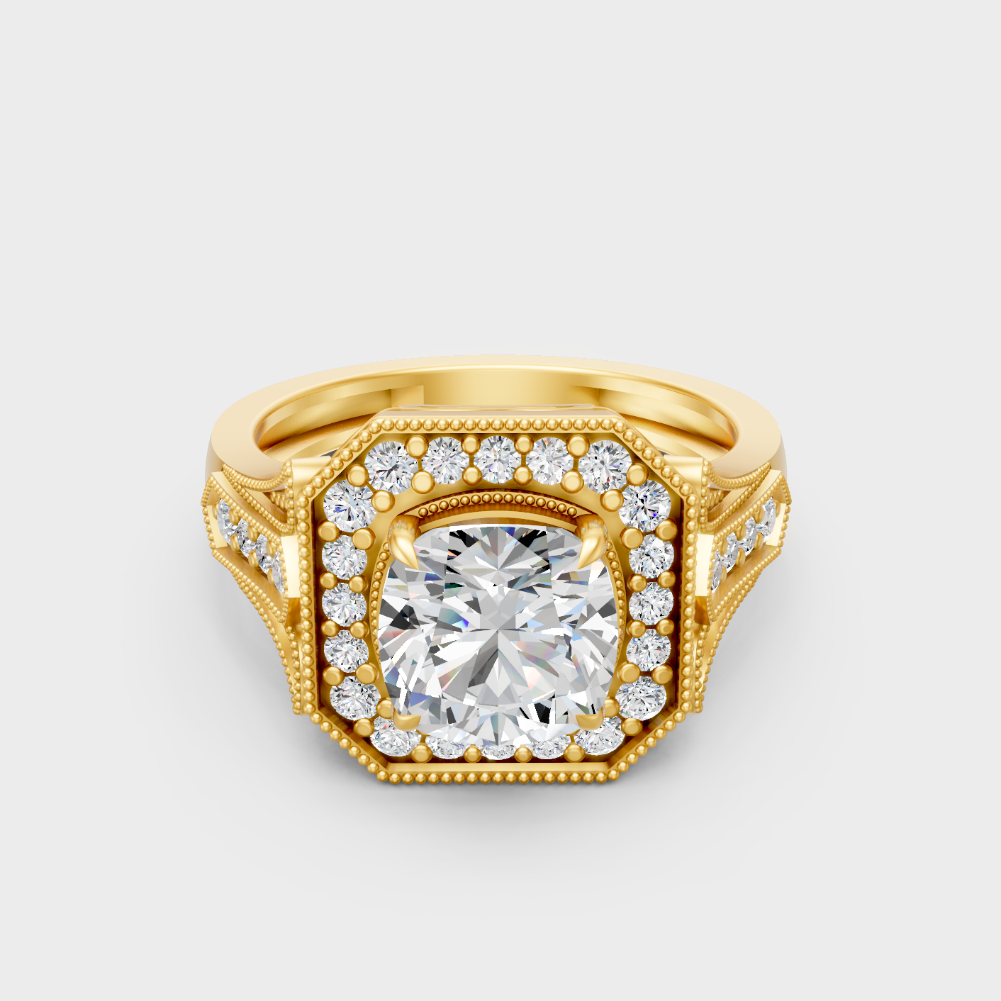 Luxury Cushion Halo Diamond Ring In Yellow Gold With Round Accent Sparkle