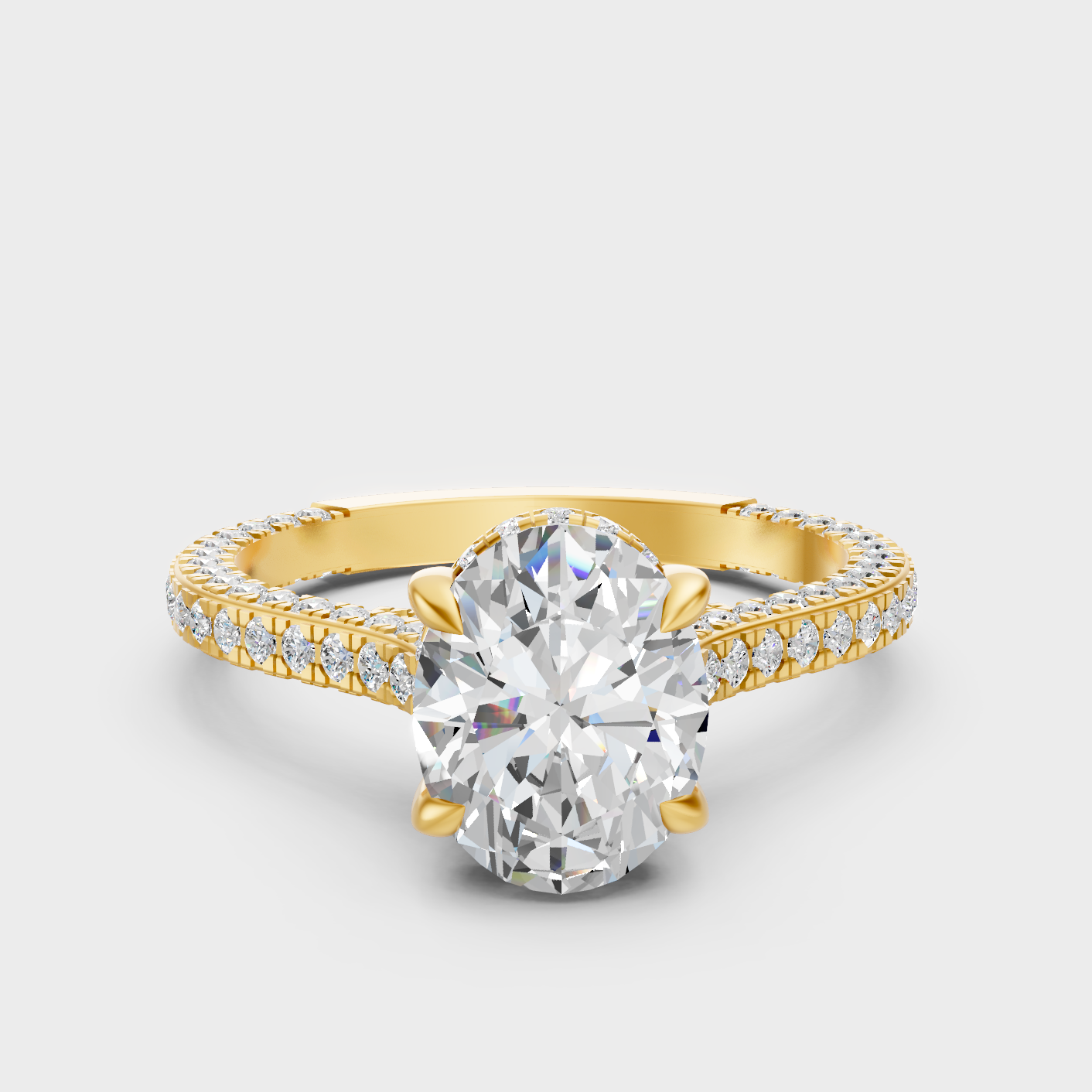 Luxury Oval Halo Diamond Ring In Yellow Gold With Round Side Accents