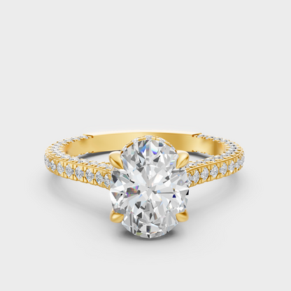Luxury Oval Halo Diamond Ring In Yellow Gold With Round Side Accents