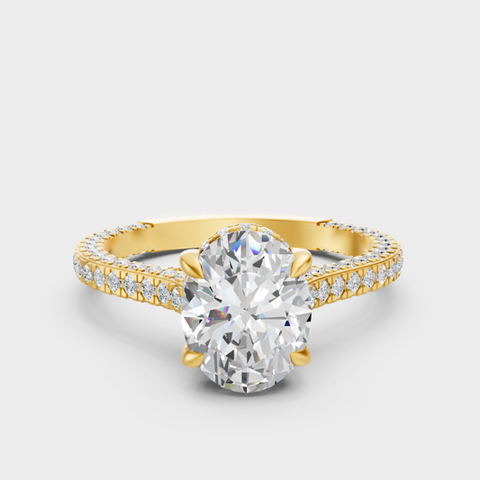 Luxury Oval Halo Diamond Ring In Yellow Gold With Round Side Accents