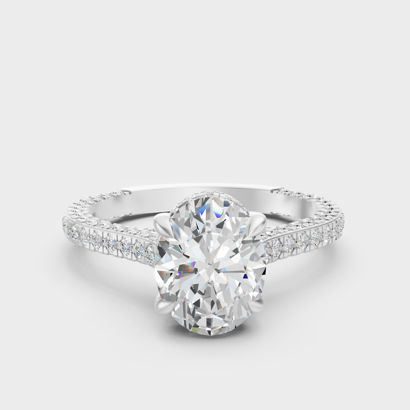White Gold Oval Engagement Ring With Halo And Side Diamonds
