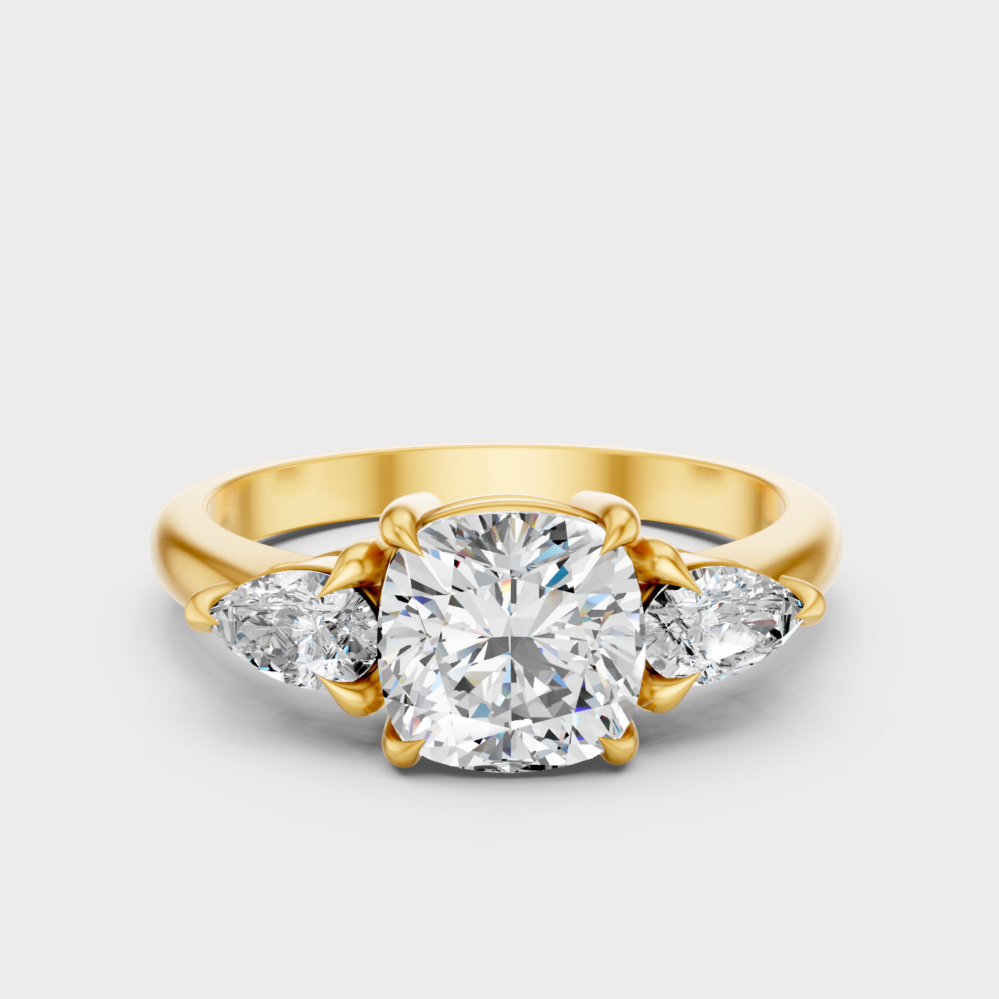 Luxury Three Stone Cushion Diamond Ring In Yellow Gold With Pear Side Stones