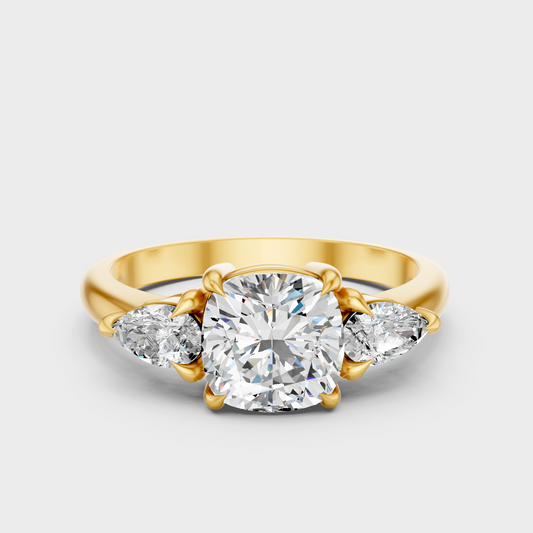 Luxury Three Stone Cushion Diamond Ring In Yellow Gold With Pear Side Stones
