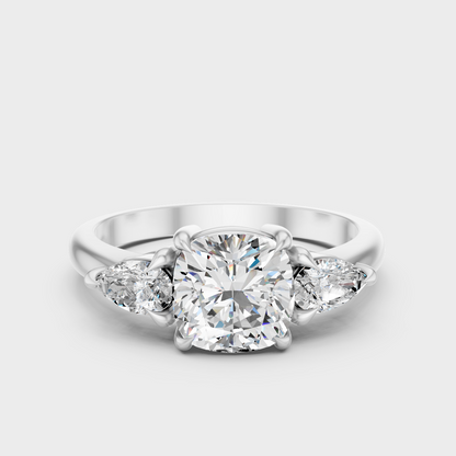 White Gold Cushion Engagement Ring With Pear Side Diamonds