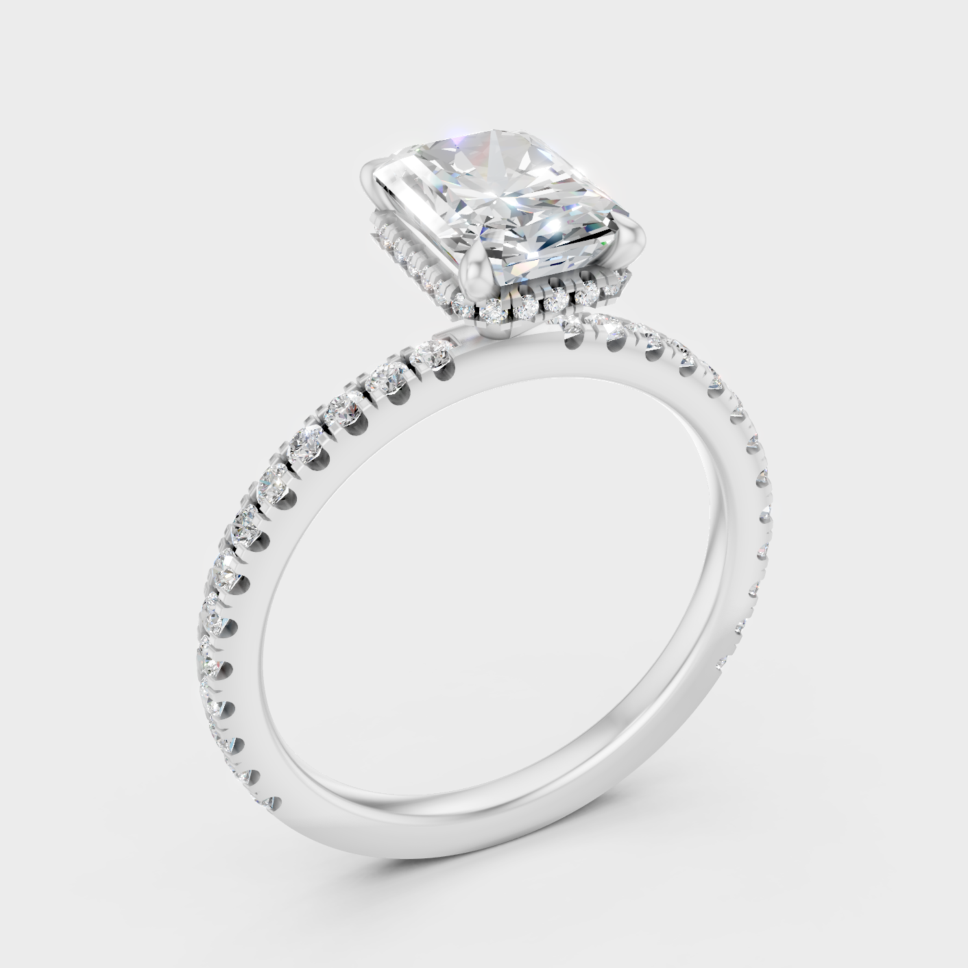 Platinum Radiant Cut Diamond Halo Ring With Brilliant Round Accents