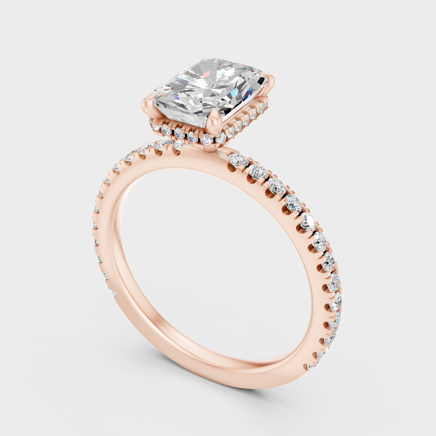 Rose Gold Radiant Lab Grown Diamond Halo Ring With Side Accent Stones