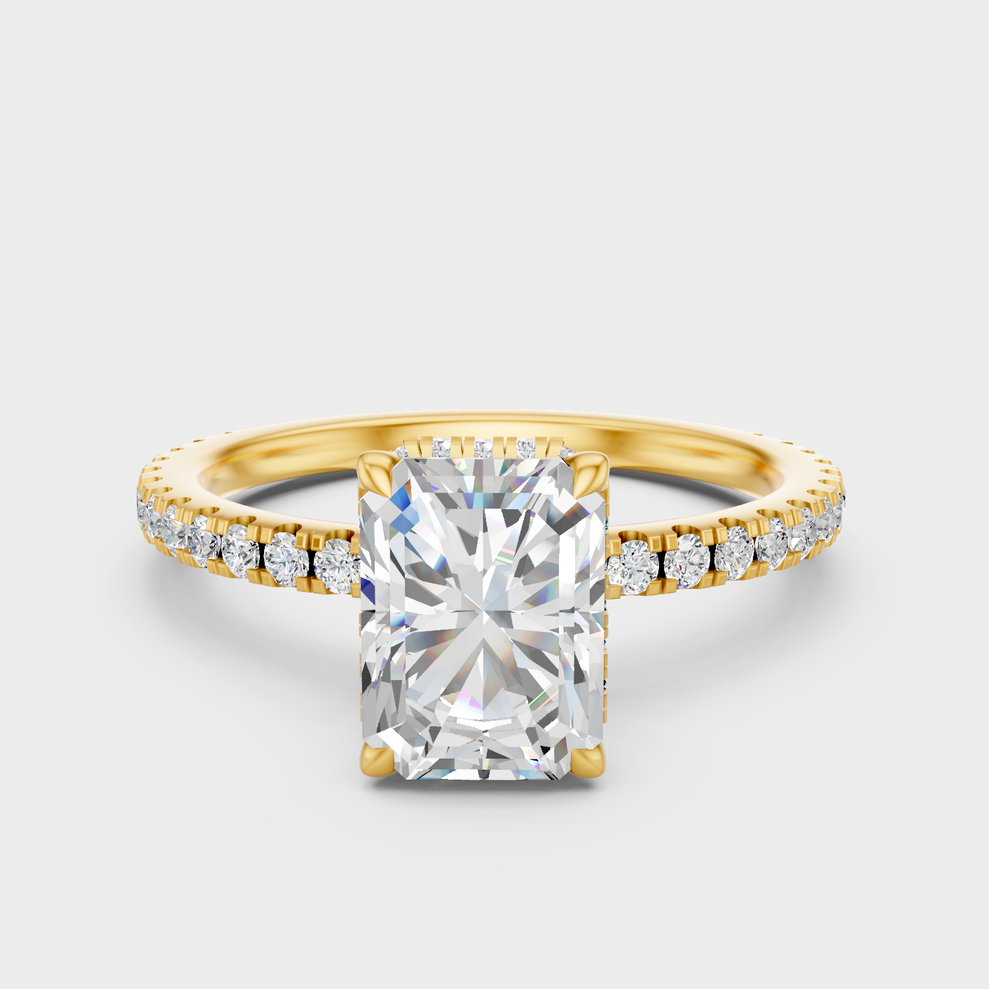 Luxury Radiant Halo Diamond Ring In Yellow Gold With Round Accent Sparkle