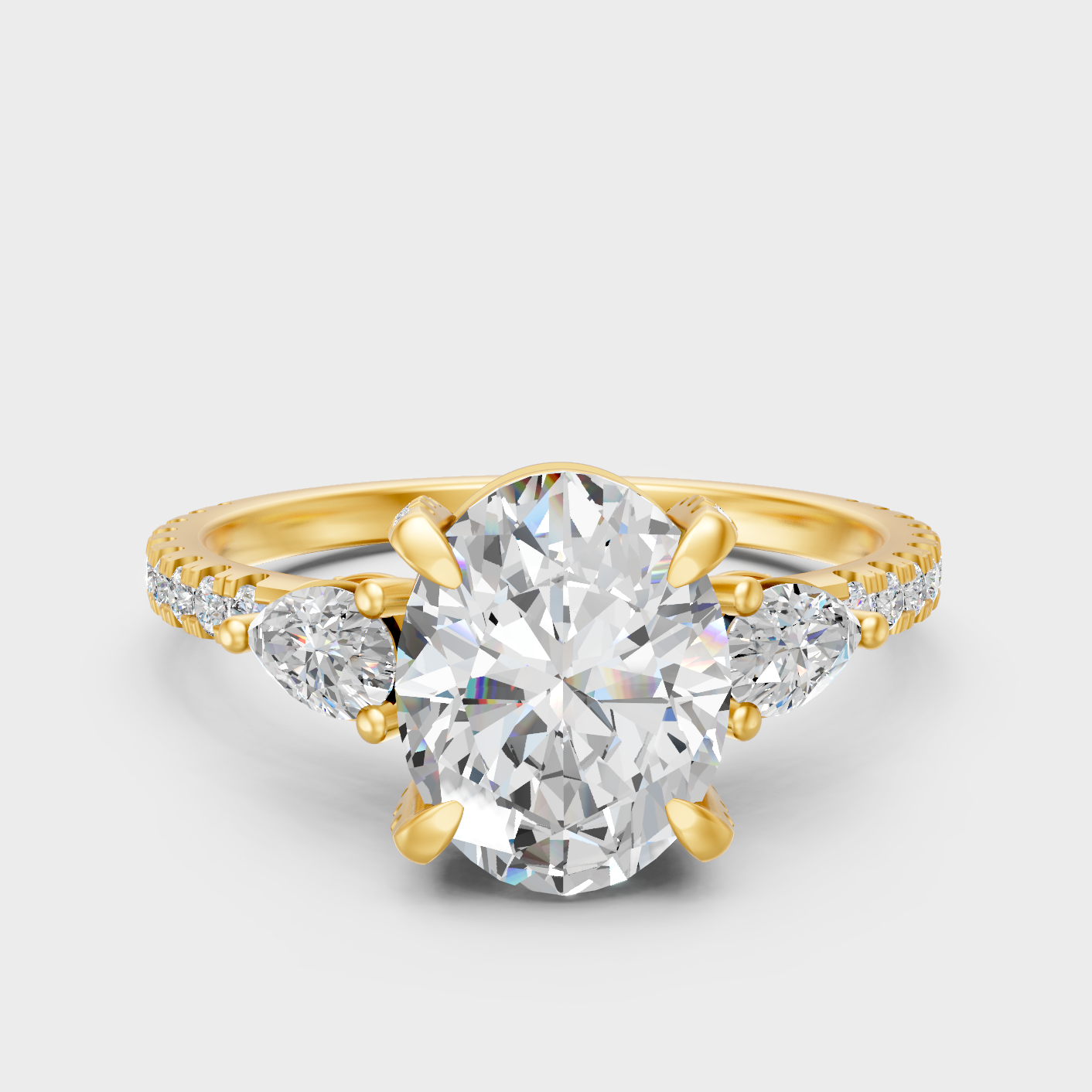 Luxury Multi Shape Diamond Ring In Yellow Gold Oval Pear Round Design