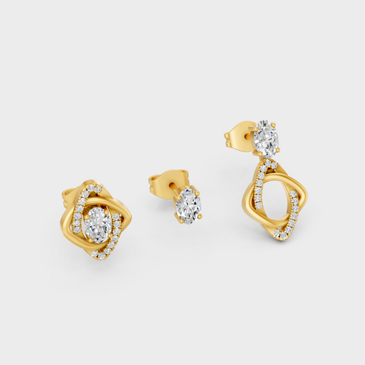 Lab-Grown Diamond Convertible Earrings In Yellow Gold Featuring 0.66 Ct Oval And Round Cut Certified Diamonds With Elegant Ethical Luxury Design