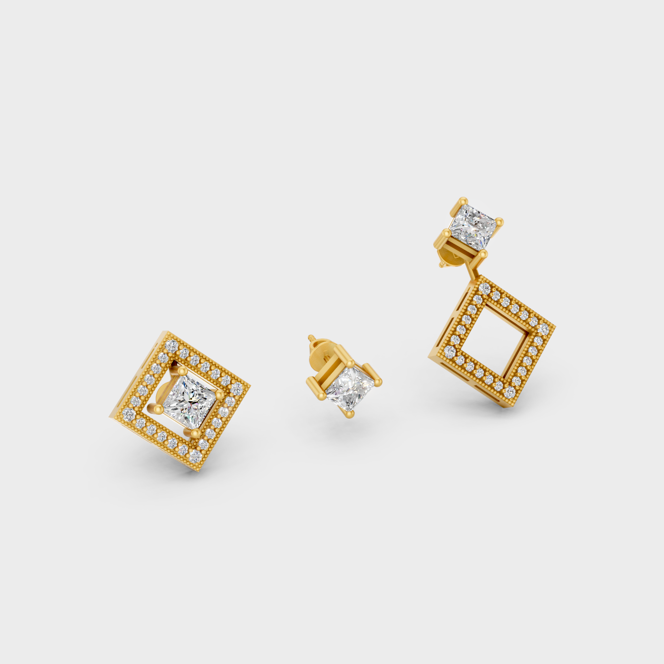 Lab-Grown Diamond Convertible Earrings In Yellow Gold Featuring 1.08 Ct Total Weight Princess And Round Cut Certified Diamonds With 0.54 Carat Each