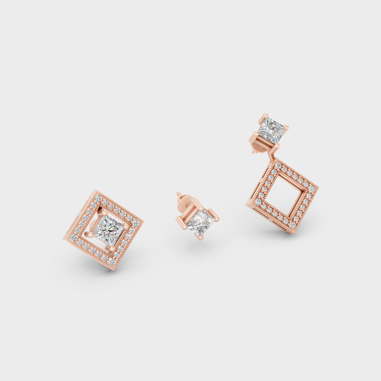 Romantic Rose Gold Convertible Earrings Featuring 1.08 Ct TW Certified Princess And Round Cut Lab-Grown Diamonds