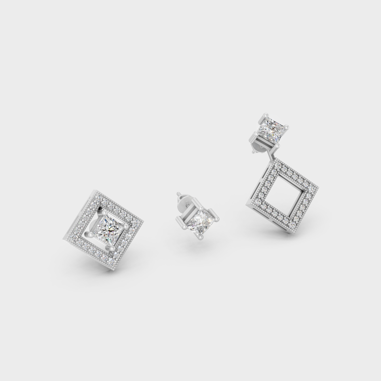 White Gold Lab-Grown Diamond Convertible Earrings Featuring 1.08 Ct Total Weight Certified Princess And Round Diamonds