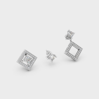 White Gold Lab-Grown Diamond Convertible Earrings Featuring 1.08 Ct Total Weight Certified Princess And Round Diamonds