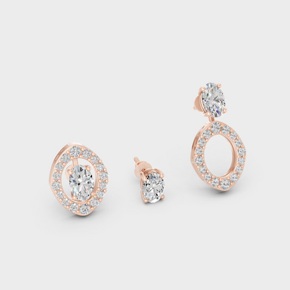 Romantic Rose Gold Convertible Earrings Featuring 1.14 Ct TW Certified Oval And Round Cut Lab-Grown Diamonds