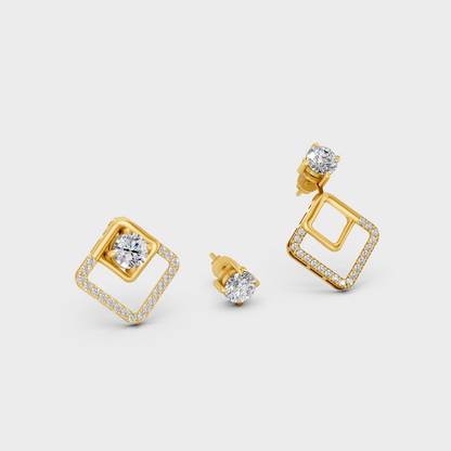 Lab-Grown Diamond Convertible Earrings In Yellow Gold Featuring 2 Carat Total Weight Round Cut Certified Diamonds With 1 Carat Each