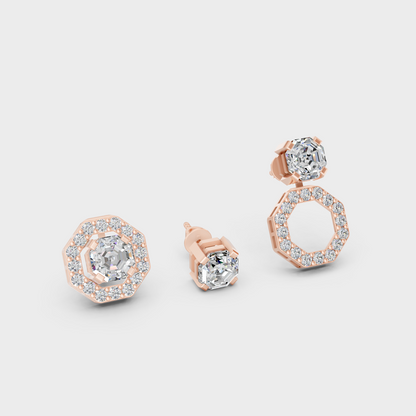 Romantic Rose Gold Convertible Earrings Featuring 2.6 Ct TW Certified Octagon And Round Cut Lab-Grown Diamonds With 1.3 Carat Each