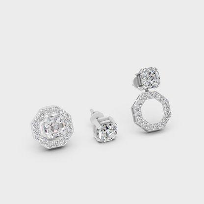 White Gold Lab-Grown Diamond Convertible Earrings Featuring 2.6 Carat Total Weight Certified Octagon And Round Cut Diamonds