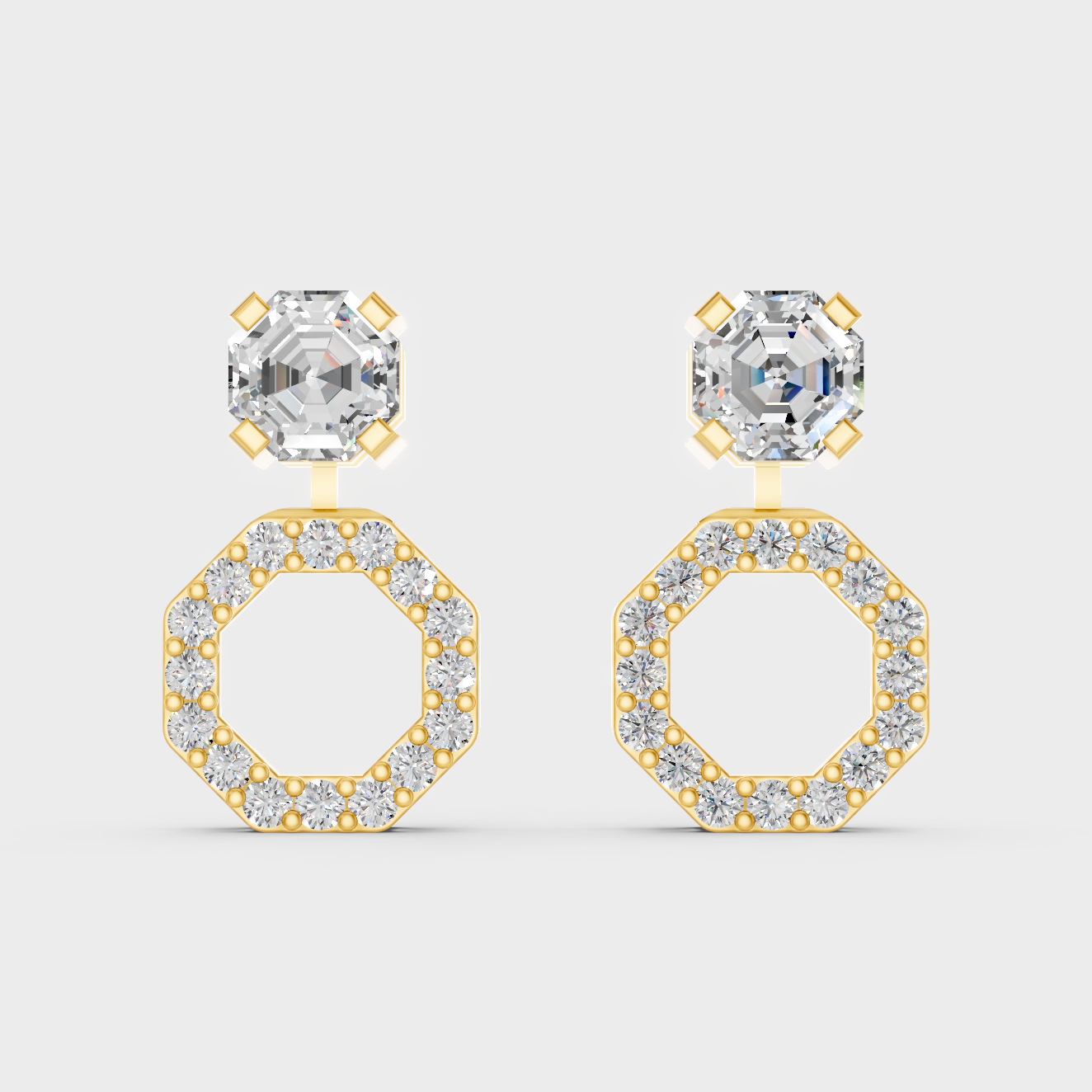 Luxury Yellow Gold Convertible Earrings With Certified Lab-Grown Octagon And Round Diamonds Totaling 2.6 Ct TW