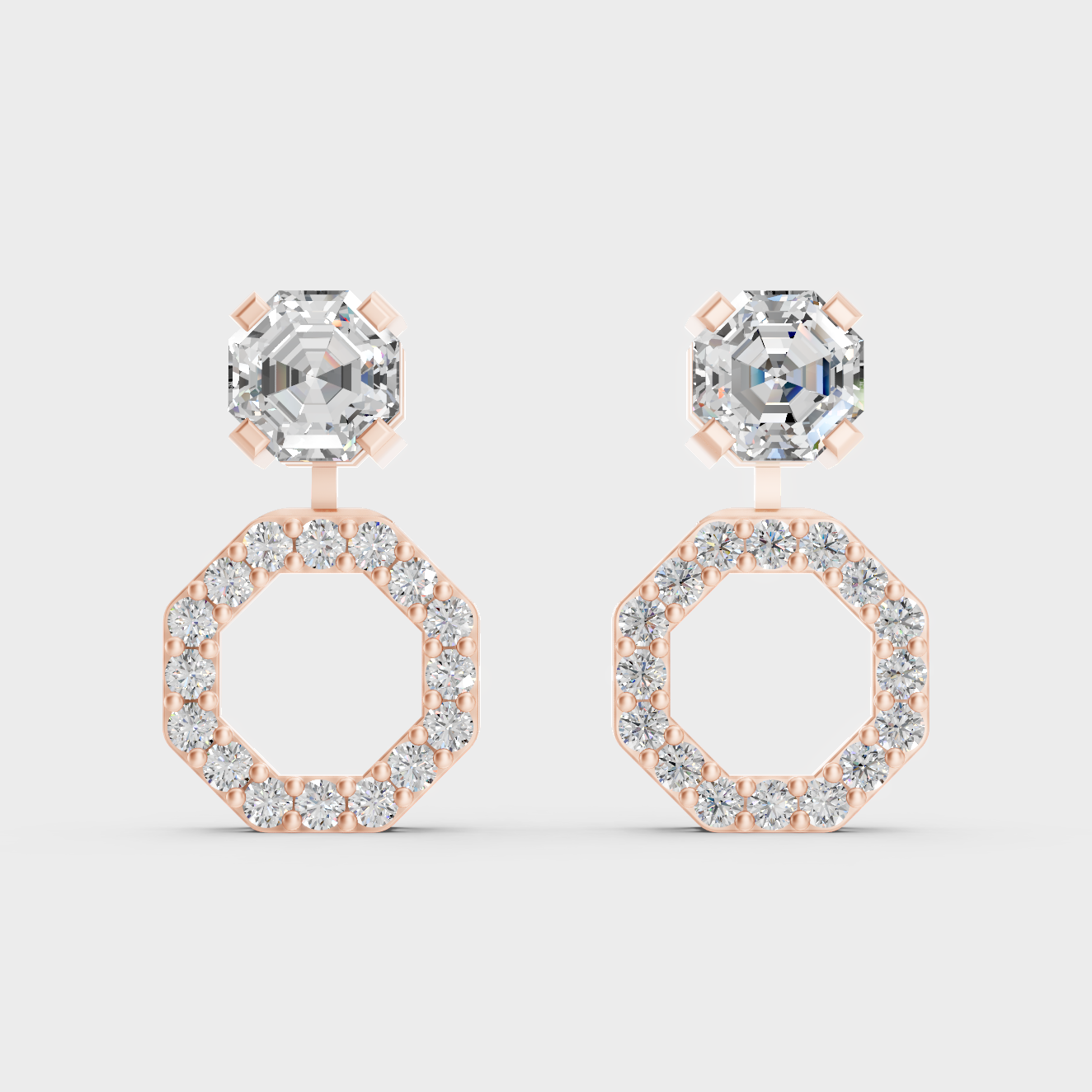 Ethical Luxury Rose Gold Diamond Earrings Crafted With Certified Lab-Grown Octagon And Round Diamonds For Modern Elegance
