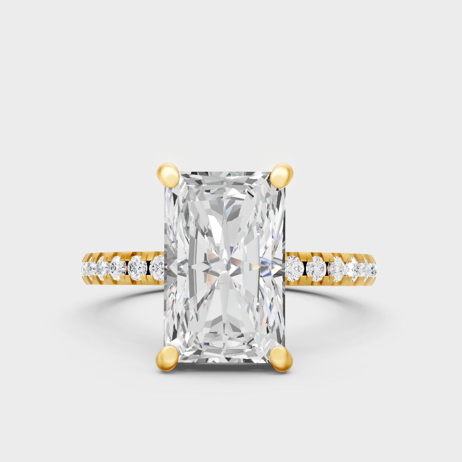 Luxury Radiant Diamond Solitaire Ring In Yellow Gold With Round Accents