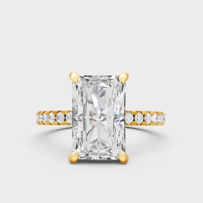 Luxury Radiant Diamond Solitaire Ring In Yellow Gold With Round Accents