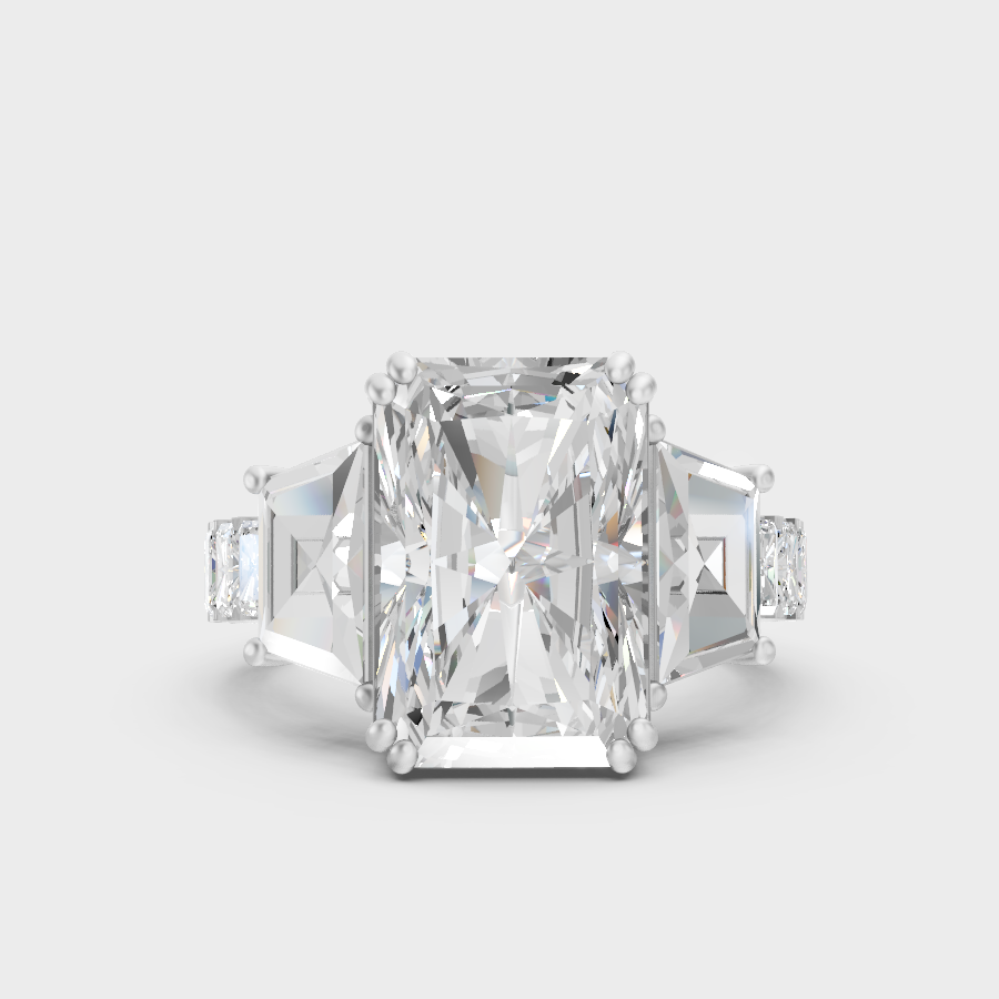 White Gold Radiant Engagement Ring With Certified Trapezoid Diamonds