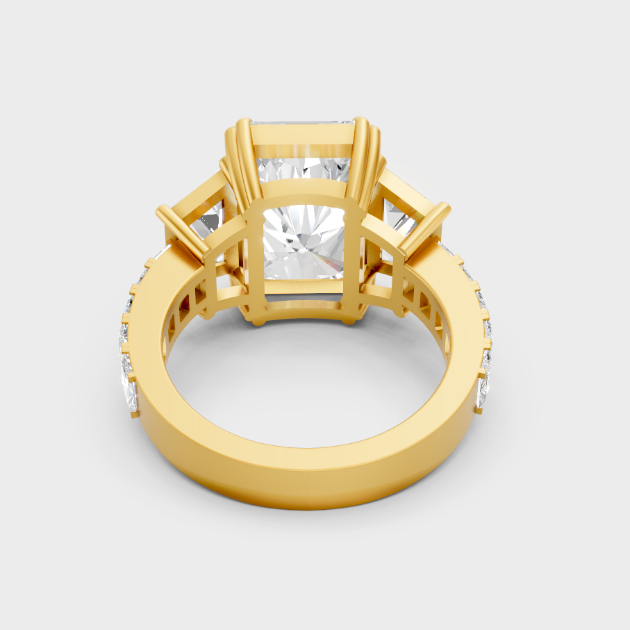 Luxury Radiant Diamond Ring In Yellow Gold With Trapezoid Side Stones
