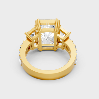 Luxury Radiant Diamond Ring In Yellow Gold With Trapezoid Side Stones