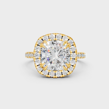 Luxury Cushion Halo Diamond Ring In Yellow Gold With Round Accents
