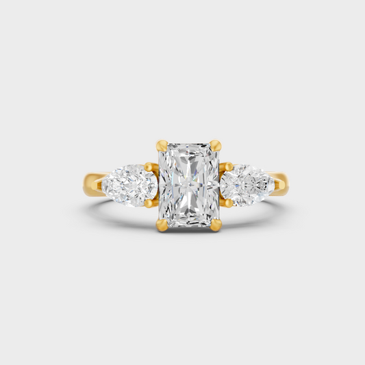 Luxury Radiant Pear Diamond Three Stone Ring In Yellow Gold