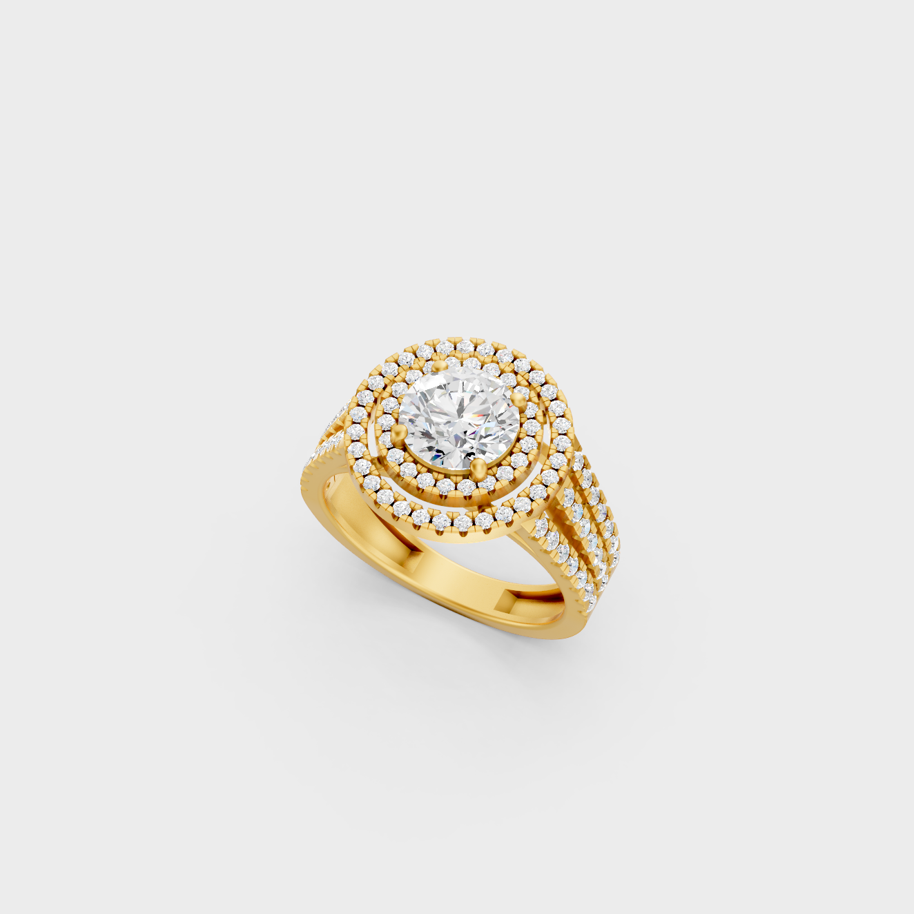 1.5 Ct Round Diamond Double Halo Ring In Yellow Gold Fine Jewelry