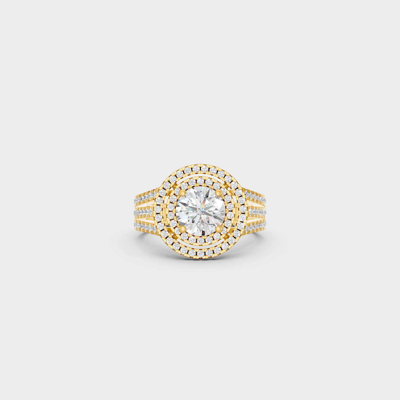 Luxury Round Double Halo Diamond Ring In Yellow Gold Elegant Jewelry
