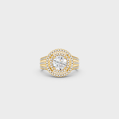 Luxury Round Double Halo Diamond Ring In Yellow Gold Elegant Jewelry