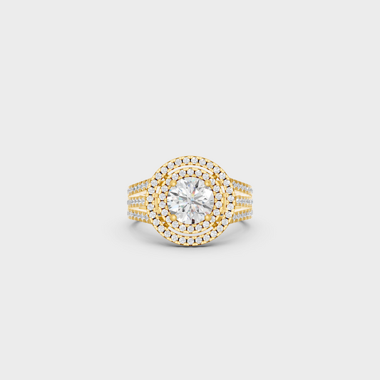Luxury Round Double Halo Diamond Ring In Yellow Gold Elegant Jewelry